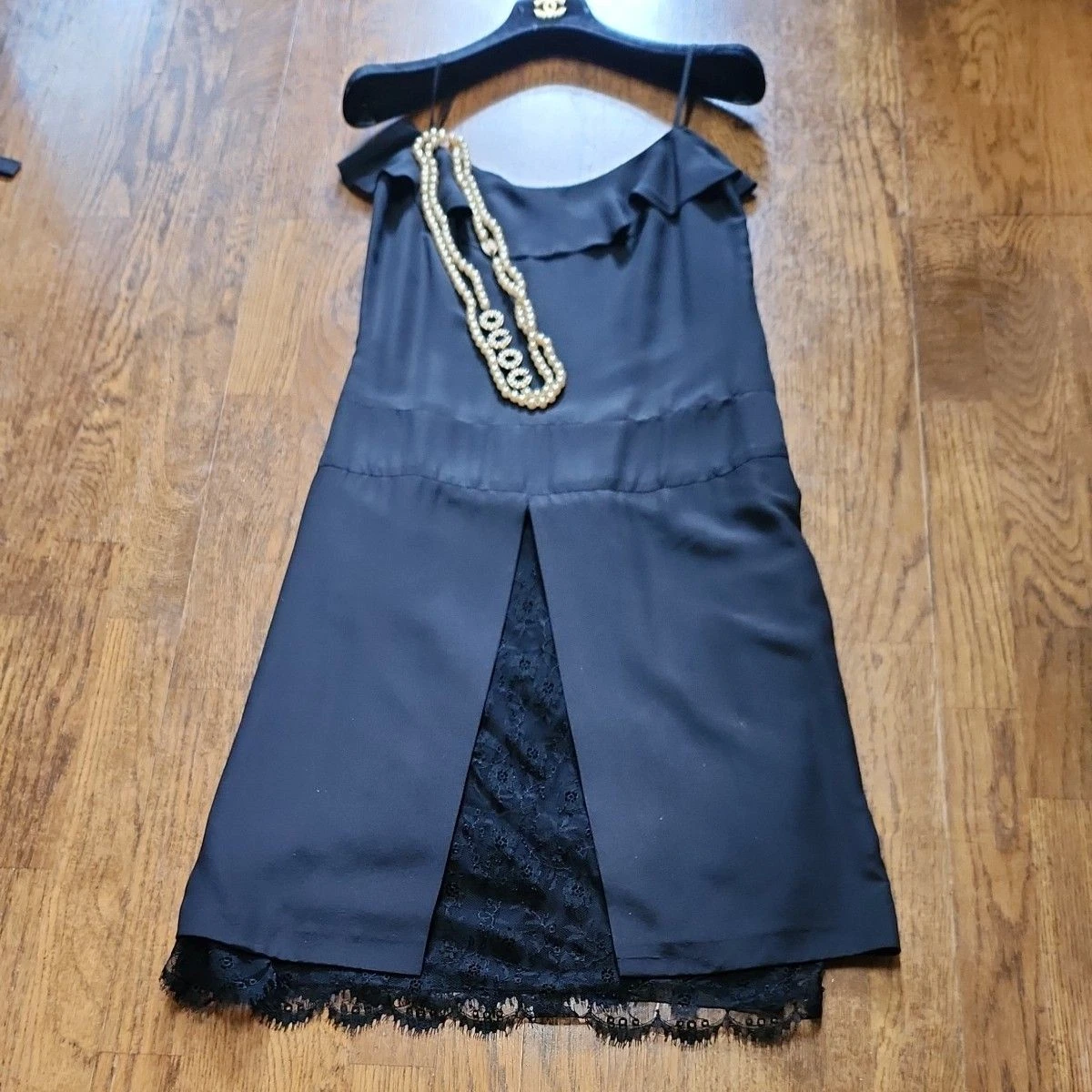 Chanel — CHANEL Silk Lace Dress 38 Black Camellia Motif Ruffle France Rare SR1951