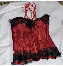 Women’s Red Silky Black Laced Boned Up Hooks Corset Bustier Shaper M