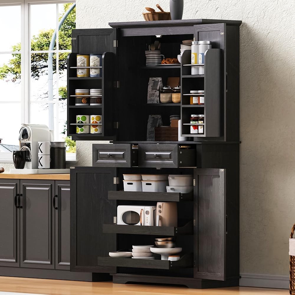 71-Inch Tall Kitchen Pantry Cabinet with 3 Pull-Out Organizers for Extra Storage Space