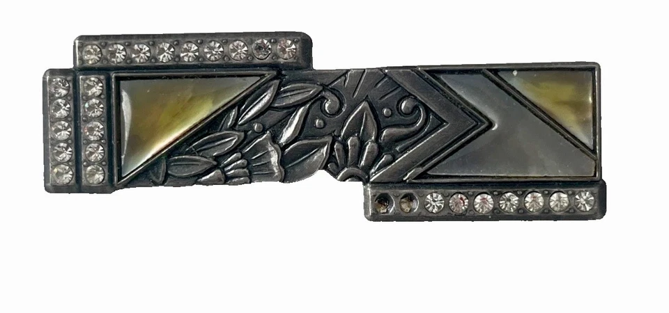 Vintage Nuri Pewter Brooch Bar Pin Art Deco Revival Rhinestones Abalone Signed - Image 2 of 4
