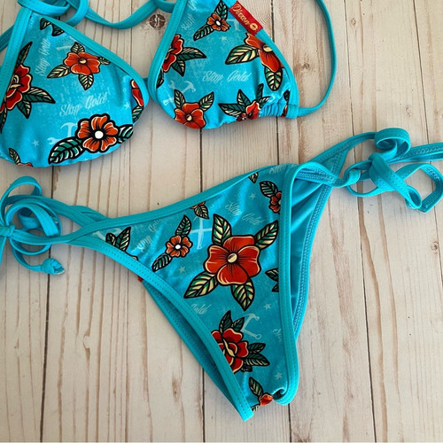 Dixxon Blu Triangolo Micro Bikini Cravatta Lati Rosa Stampa Tatuaggio Stay Gold Small - Foto 3 di 7