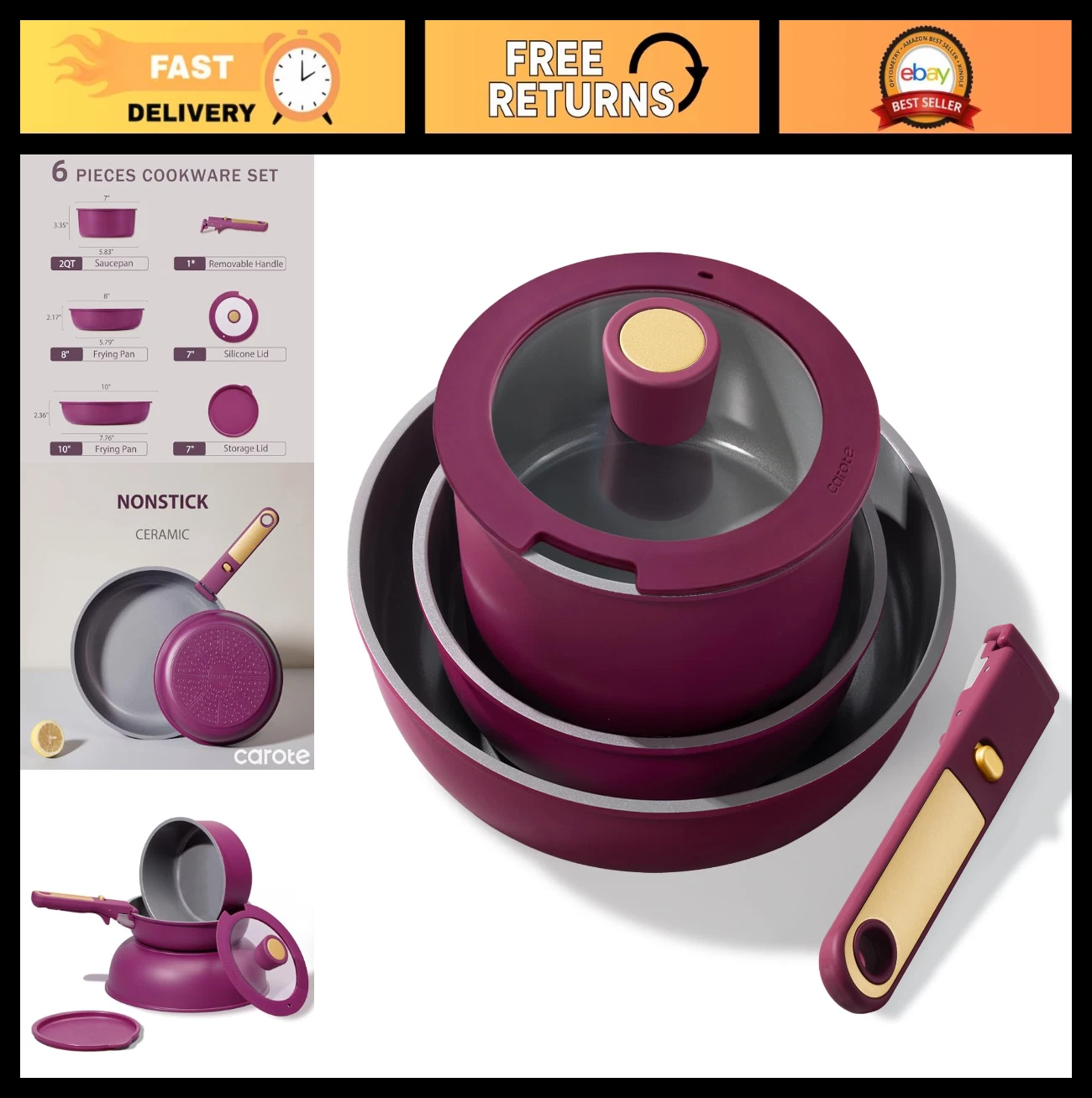Nonstick Ceramic Cookware Set 6pcs with Detachable Handle, Induction & Oven Safe