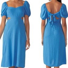 Sanctuary Midi Dress Womens 8 Blue Cutout Puff Sleeve Smocked Sweetheart Girly