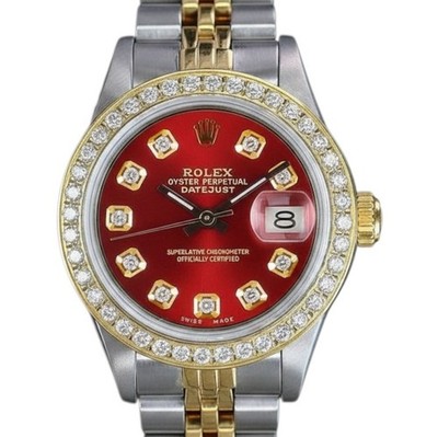 Rolex Datejust Two-Tone 14KY Gold Steel Red Dial & Diamond Bezel Jubilee Watch