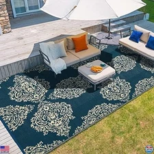 wikiwiki 9x18ft Waterproof Reversible Outdoor Rug - Blue & Beige for Patio, Pool