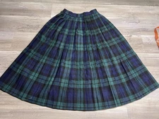 Vintage DAKS Womens Pleated Wool Tartan Plaid Skirt Blue Green See Measurements