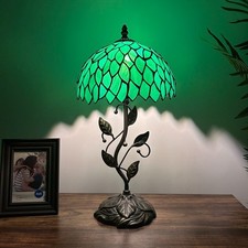 Tiffany Style Table Lamp Green Stained Glass Leaves Included LED Bulb 10"W 20"H