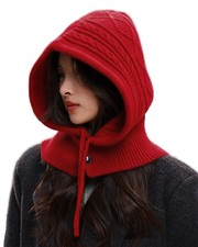 Knitted Balaclava Drawstring Hooded Scarf Hat Womens Beanie Skull Cap Winter ...