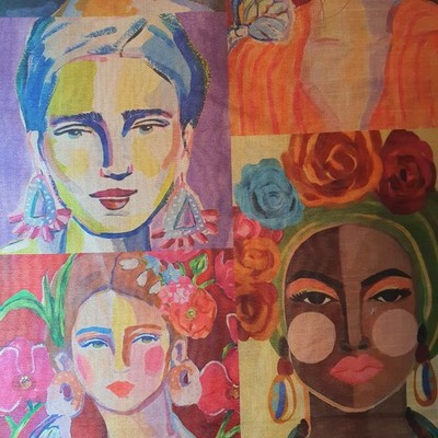 Frida Kahlo Gesichter Polyester Rohseide Material Kleid Kostüm Stoff 44'' Meterware