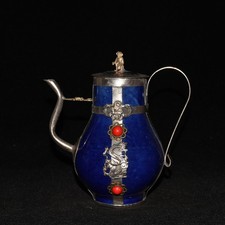 4.7" China Old Antique Porcelain Bronze Inlay Silver Gemstone Inlay Teapot