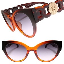 Gold Lion Head Medallion Chain Temple Retro Womens Cat Eye Brown Sunglasses