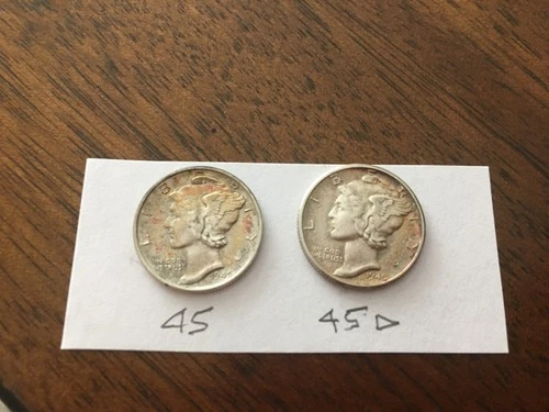 1945, 1945 D  Mercury Dimes, (2)       Higher Grade
