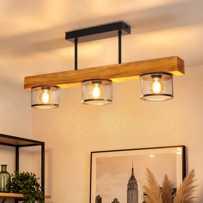 E14 Deckenleuchte 3 Flammig Holz Deckenlampe Schwarz Hängelampe Esstisch Küche - Bild 1 von 4