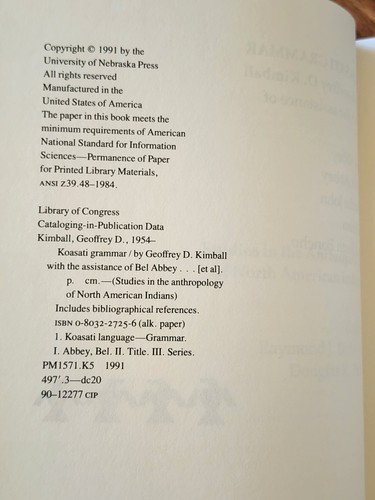 Koasati Grammar: Studies in the Anthropology of North American Indians - Kimball - Picture 4 of 17
