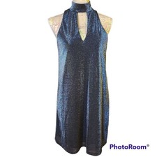 SOPRANO Size Small Blue Metallic Glam Halterneck Keyhole Sleeveless Mini Dress