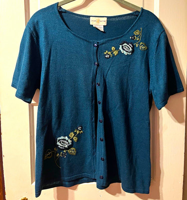 Twee/Grandma Core Blue Floral Embroidered Button Front Cardigan Sweater S