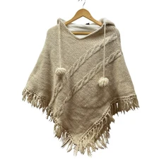 Himalaya Wool Hooded Poncho Women Cream Fringe Lined Heavy Warm Nepal Boho Style