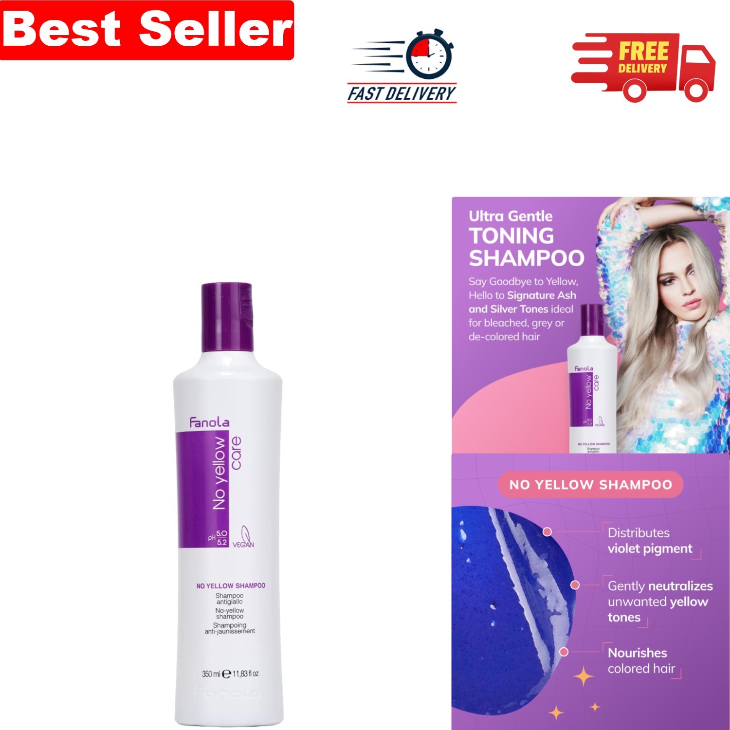 350ml No Yellow Shampoo - Neutralize Yellow Tones & Enhance Shine for Blondes