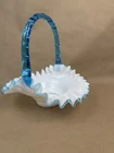 Vtg Fenton Aqua Crest Bridal Wedding Basket Ruffled Edge 9.5” x 8”
