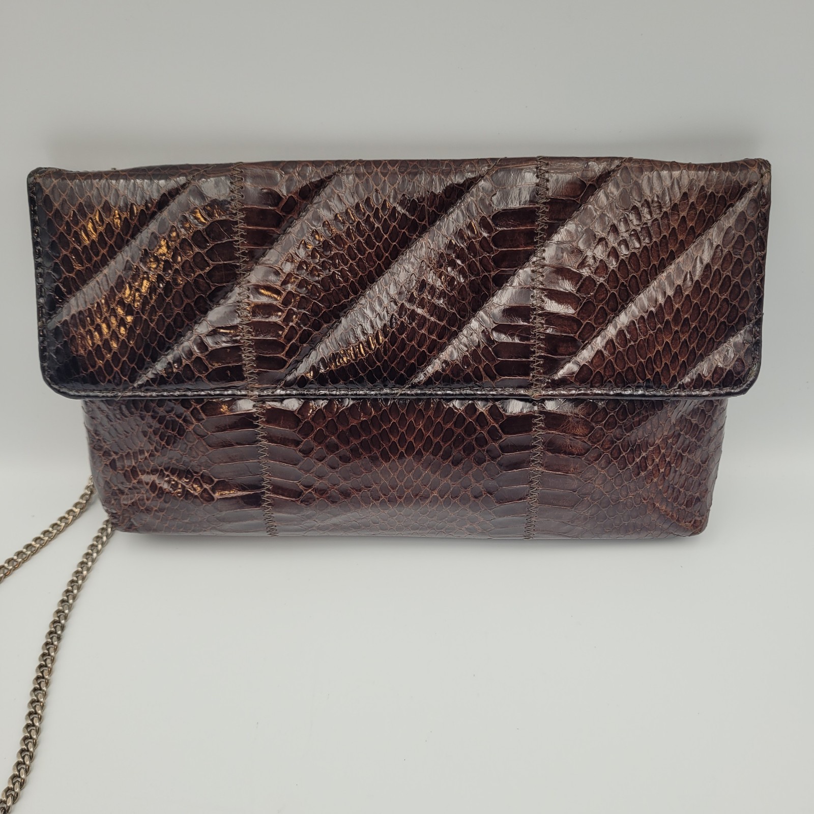 Vintage Brown Python Snake Skin Leather Clutch Sh… - image 2