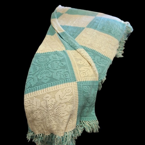 Vintage Bed Spread Coverlet Blanket Hand Crocheted Floral Cream Teal Full Size - Picture 3 of 12