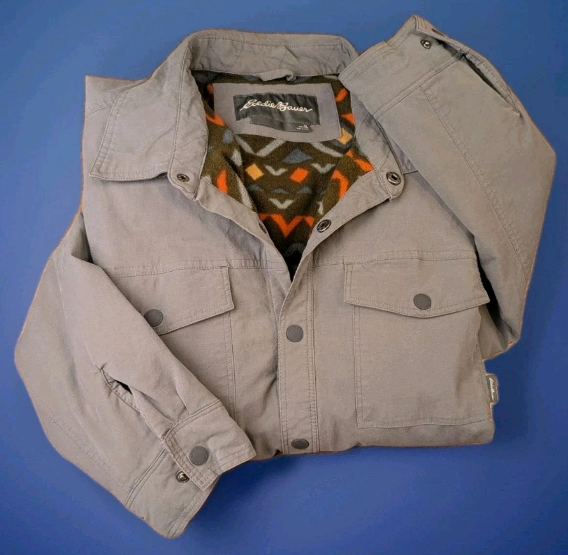 Eddie Bauer Voyager Jacket Mens Size XL Gray Aztec Fleece Lined Snap Coat