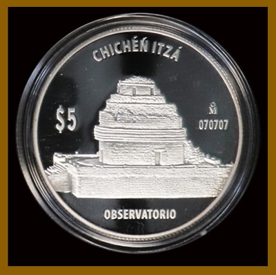 Mexico 5 Peso Silver Proof Coin, 2007 Chichen Itza Observatory Unc