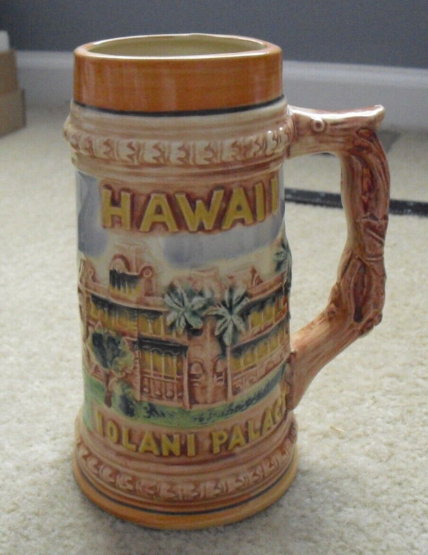 Vintage Japan Glazed Ceramic Hawaii Iolani Palace Beer Stein 7" Tall