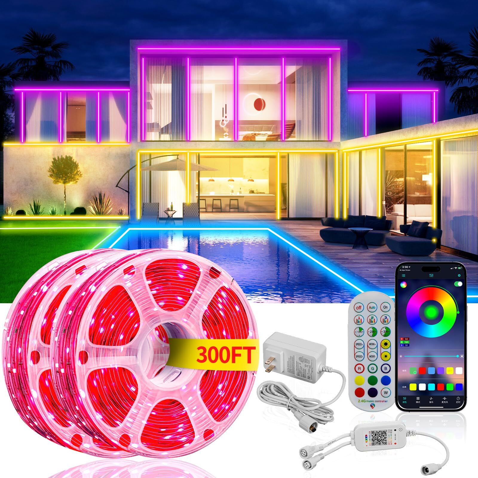 300ft Outdoor Led Strip Lights Waterproof IP68 with Self-Adhesive, Music Sync...