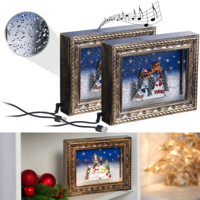 infactory 2er-Set Weihnachts-Bilderrahmen ''Weihnachtsdorf'', LEDs, Schneewirbel