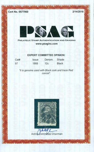 EDW1949SELL : USA 1868 Scott #97 Used. Nice, Sound stamp. PSAG Cert. Cat - Picture 3 of 3