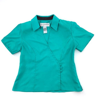 Sag Harbor Beautiful Shiny Green Blouse 6 Petite Shoulder Pads Uniform Collared