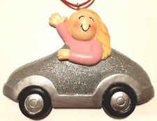 NEW CAR CHRISTMAS PERSONALIZED ORNAMENT BLONDE GIRL IN SILVER CAR GIFT PRESENT