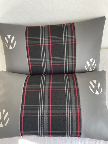 VW logo cushions in grey faux leather with red stripe GTI Tartan trim new - Picture 3 of 7