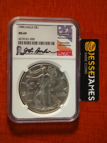 1996 $1 AMERICAN SILVER EAGLE NGC MS69 JOHN BOEHNER HAND SIGNED FLAG LABEL