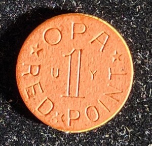WWII  OPA "UY"  RED POINT  RATION TOKEN COIN FIBER. Our T2956