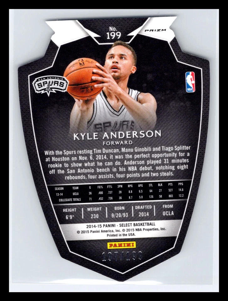 2014-15 Panini Select NBA #199 Kyle Anderson #/199 Blue Prizm Rookie Die-Cut RC - Image 2 of 2