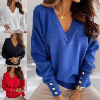 Women Tops V Neck T Shirt Ladies Travel Long Sleeve Casual Buttons Decor Tee