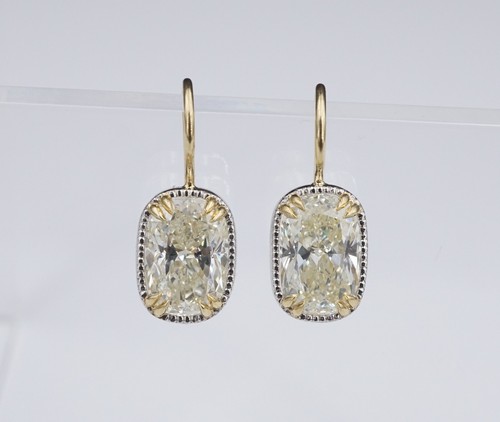 Antique Cushion Cut Diamond Earrings 4.2 carat 18k Gold Platinum 3/4" EG2099 - Picture 4 of 8