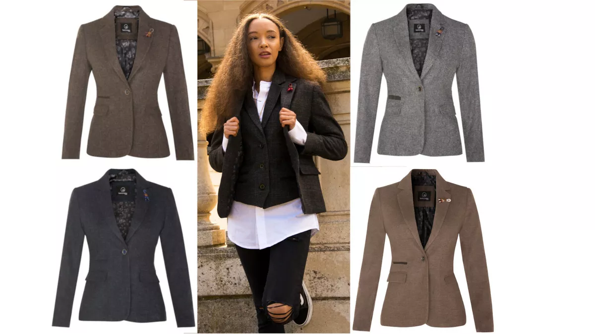 Womens Tweed Herringbone Blazer Wool Blend Classic 1920s Formal