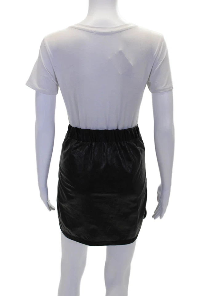 Falda lápiz negra pequeña Cynthia Rowley para mujer cintura elástica cuero seda Foto 3 de 4