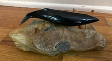 John Perry Fin Whale on Burl Wood Art Sculpture Marine Life Figurine