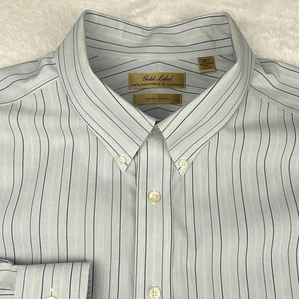 Roundtree & Yorke Gold Label Dress Shirt Mens 3XT Blue w/Brown Stripes No Iron - Image 2 of 4