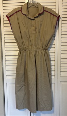 Vintage 70s Romper House Dress Beige with Red/Blue Piping Camp Western L (10-12)