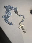 Vintage Catholic Geometric Blue Milk Glass Rosary Silver tone Crucifix