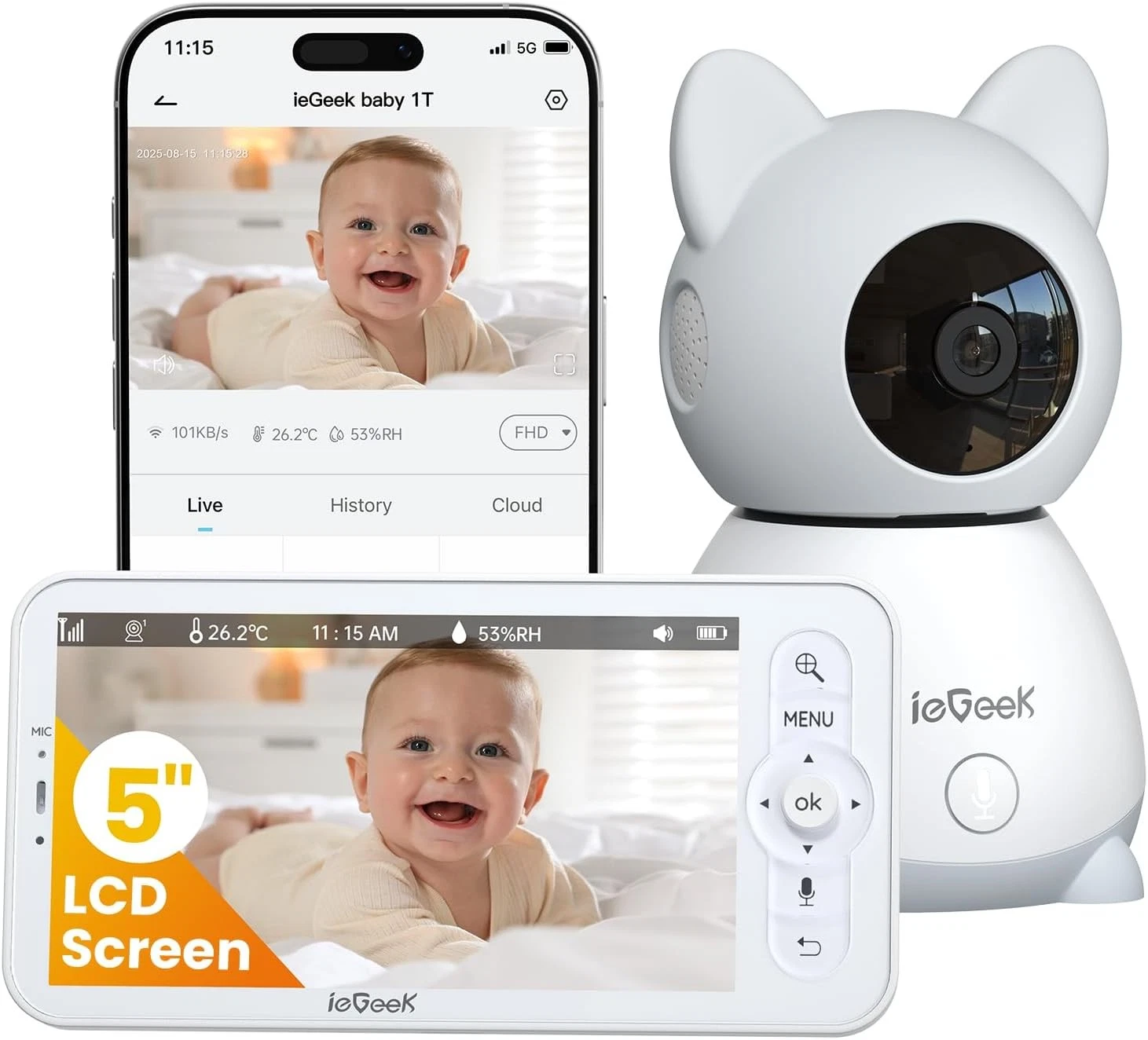ieGeek Baby Monitor 5 Inch HD Screen 2K Camera WiFi No WiFi