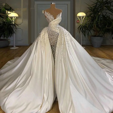 Luxury Pearls Mermaid Sequins Beaded Wedding Dress with Overskirts Gowns