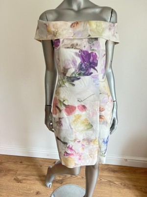 Ted Baker Kleid Damen TB 2 UK 10 weiß Blumen schulterfrei Reißverschluss hinten Scuba NEU