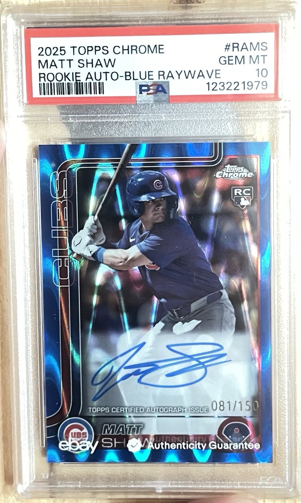 2025 Topps Chrome Matt Shaw Rookie Auto Blue RayWave Refractor /150 PSA 10 Cubs