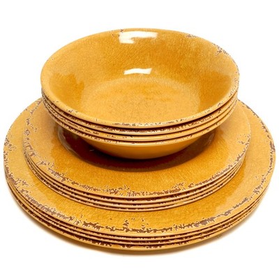 Set of 12 Melamine Dishes Festive Mauna Golden 8 Plates and 4 Bowls by Gibson